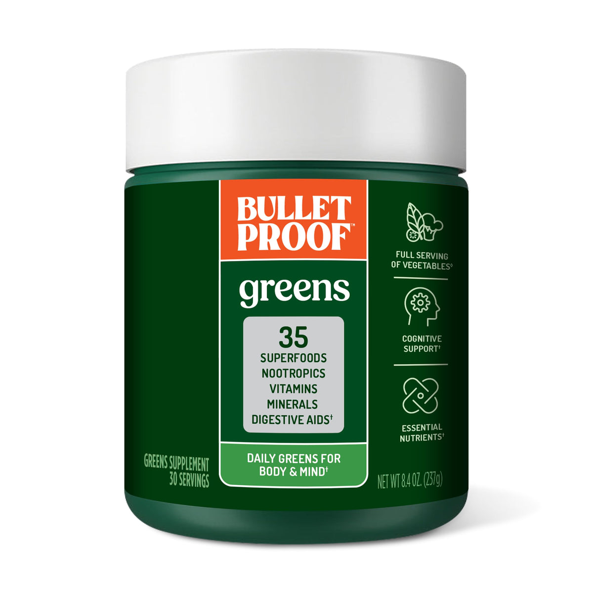 Bulletproof Greens daily vegetable serving powder supports daily nutrition.
