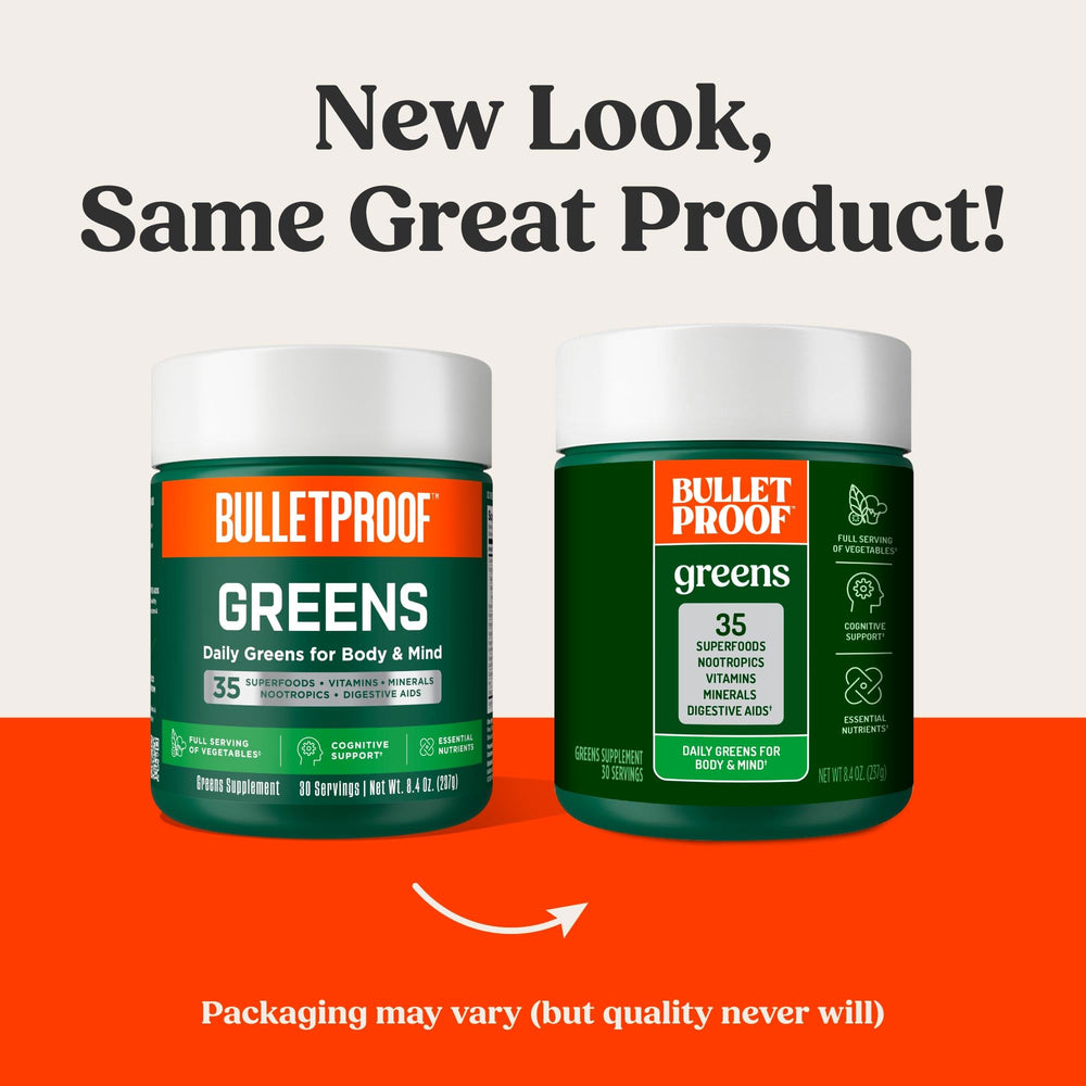Bulletproof Greens jar front label highlights 35 superfoods for balanced nutrition.