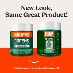 Bulletproof Greens jar front label highlights 35 superfoods for balanced nutrition.