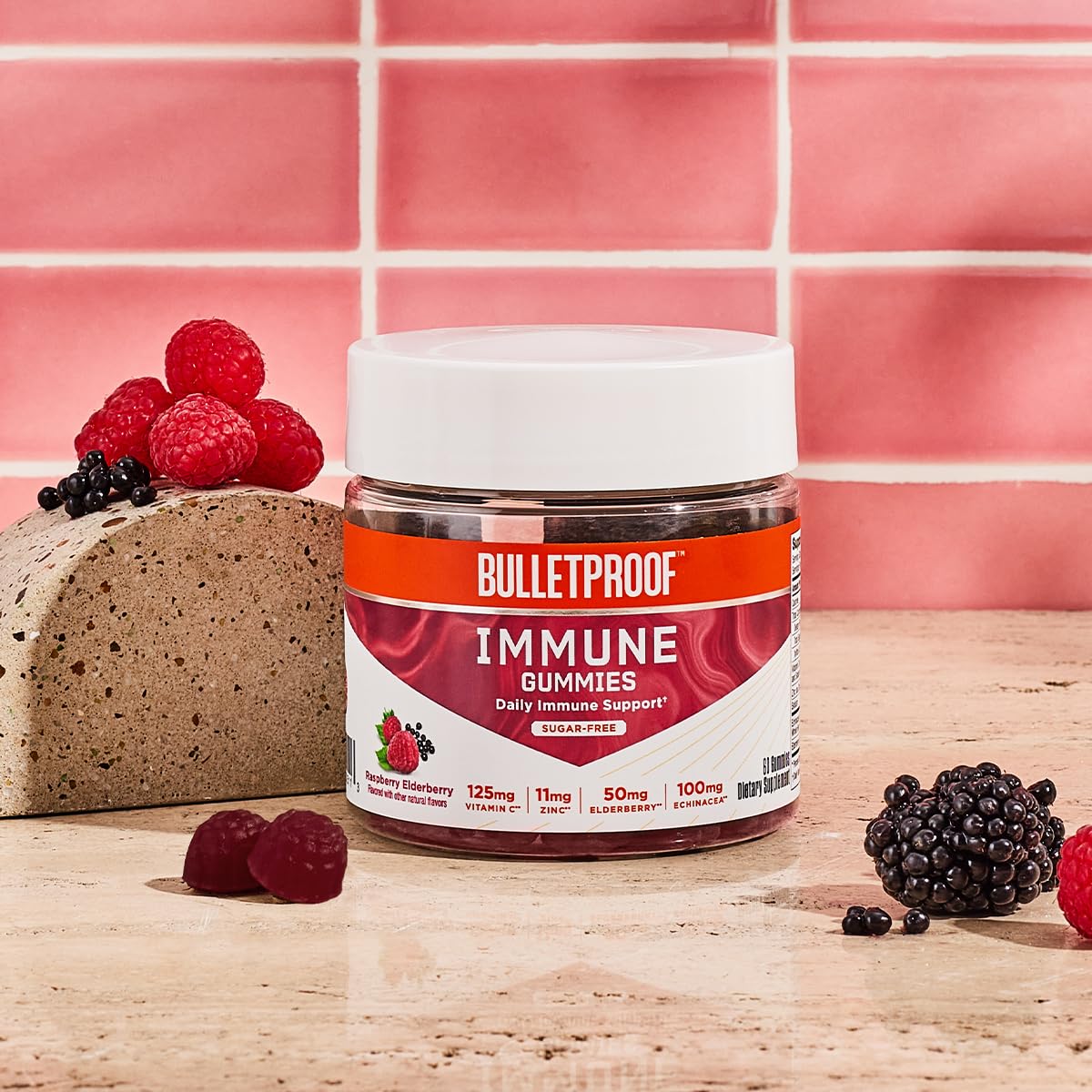 Bulletproof ingredients panel highlights vitamin C, zinc, elderberry and echinacea.