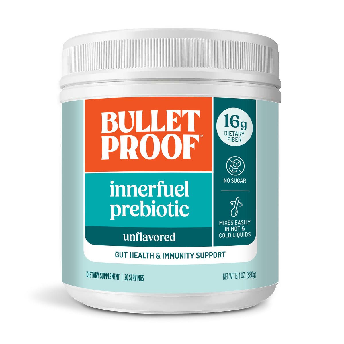 Bulletproof Innerfuel container showing 13.4 oz size for daily prebiotic support.