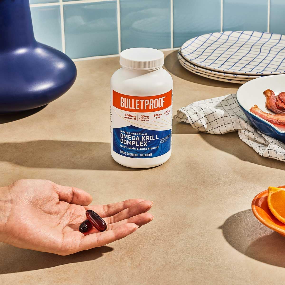 Bulletproof Lemon Omega Krill Softgels bottle label highlights purity.