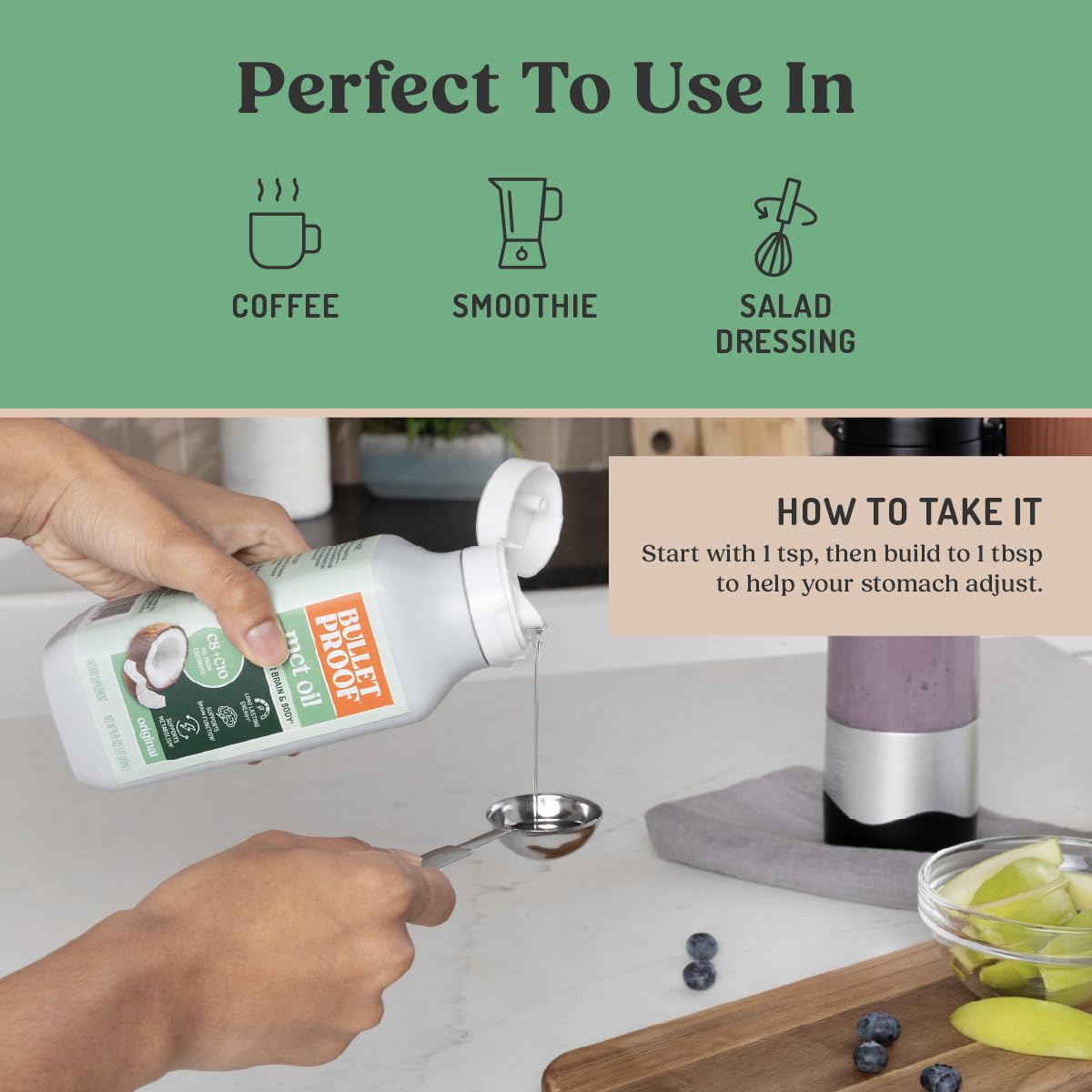 Bulletproof MCT Oil in beverage promotes easy daily use.
