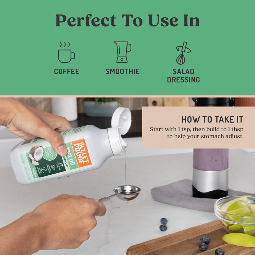 Bulletproof MCT Oil in beverage promotes easy daily use.