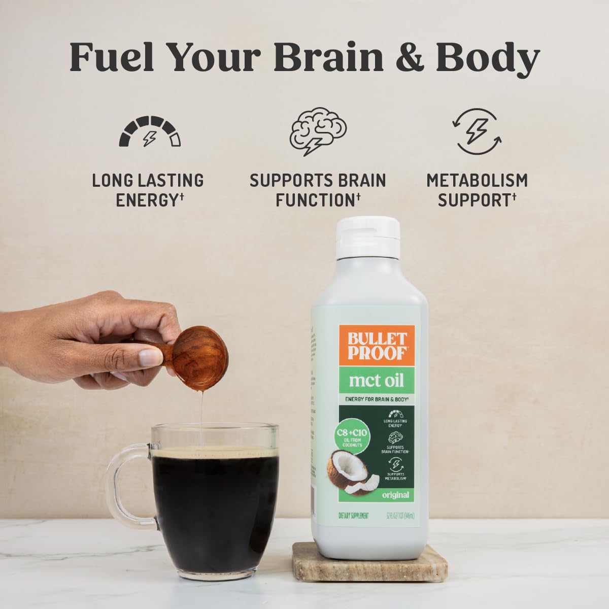Bulletproof MCT Oil bottle emphasizing pure coconut oil origin