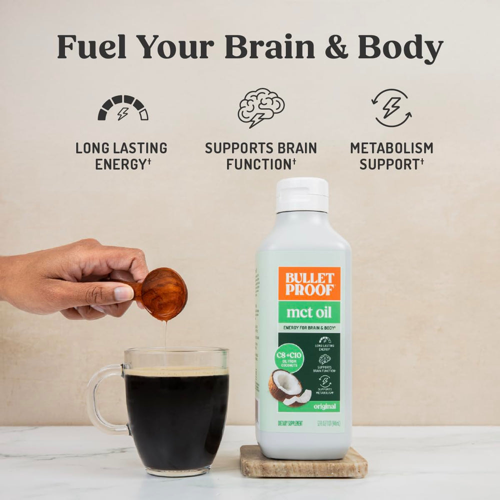 Bulletproof MCT Oil bottle emphasizing pure coconut oil origin
