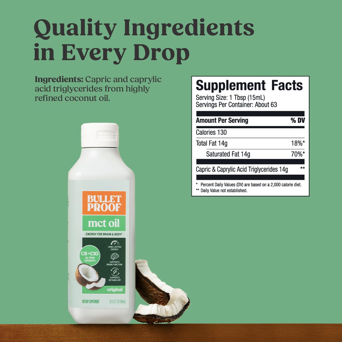 Close-up of Bulletproof MCT Oil label highlighting C8 and C10