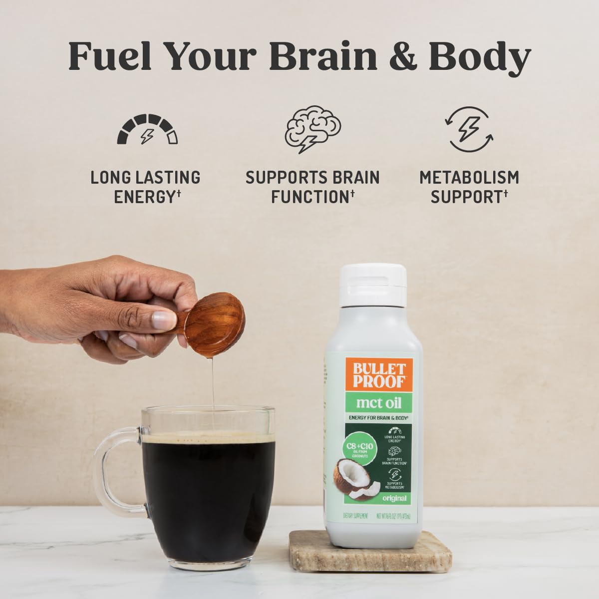 Bulletproof MCT Oil in smoothie for creamy texture and quick fuel.