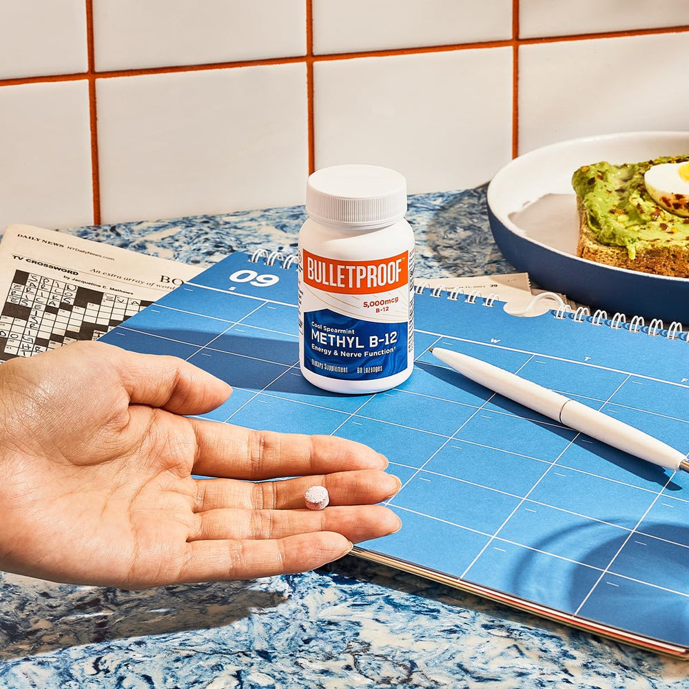 Bulletproof methyl B-12 lozenges label shows essential vitamin information.
