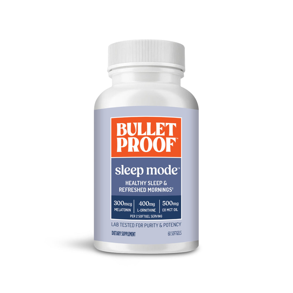Bulletproof Sleep Mode bottle on nightstand promoting restful rest