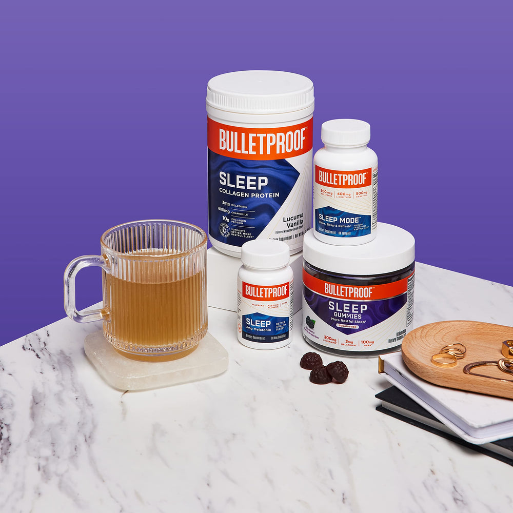 Evening shelf setup with Bulletproof Sleep Mode for a calming ritual