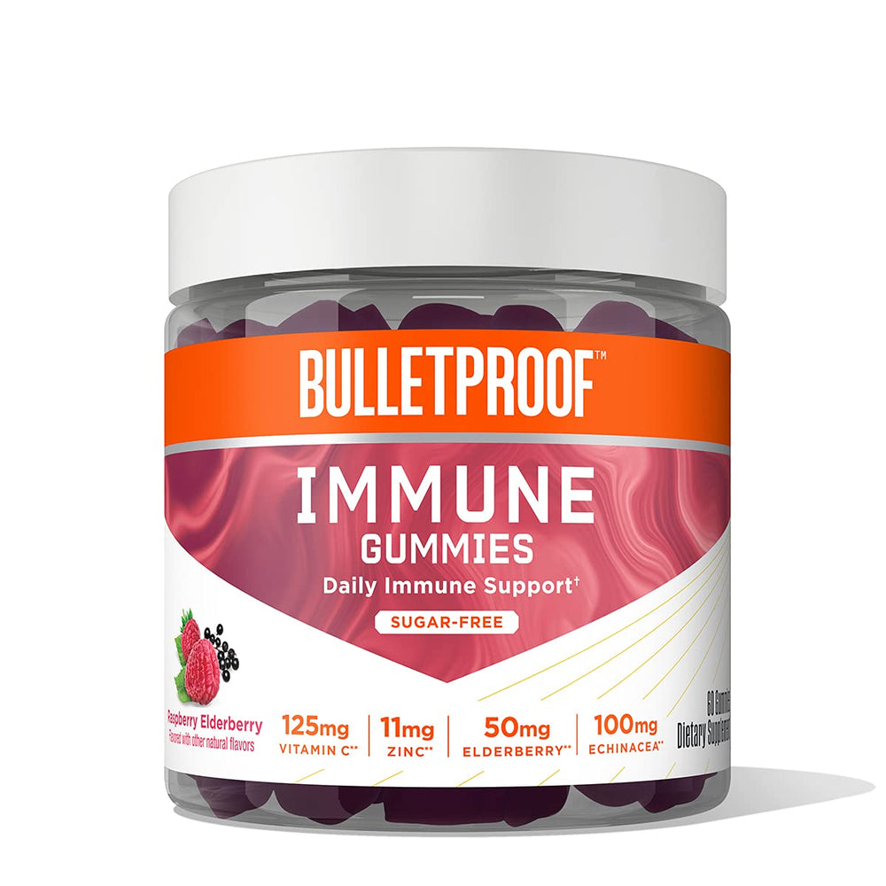 Bulletproof Sugar-Free Raspberry Elderberry Immune Gummies jar with a glossy label for daily immunity support.