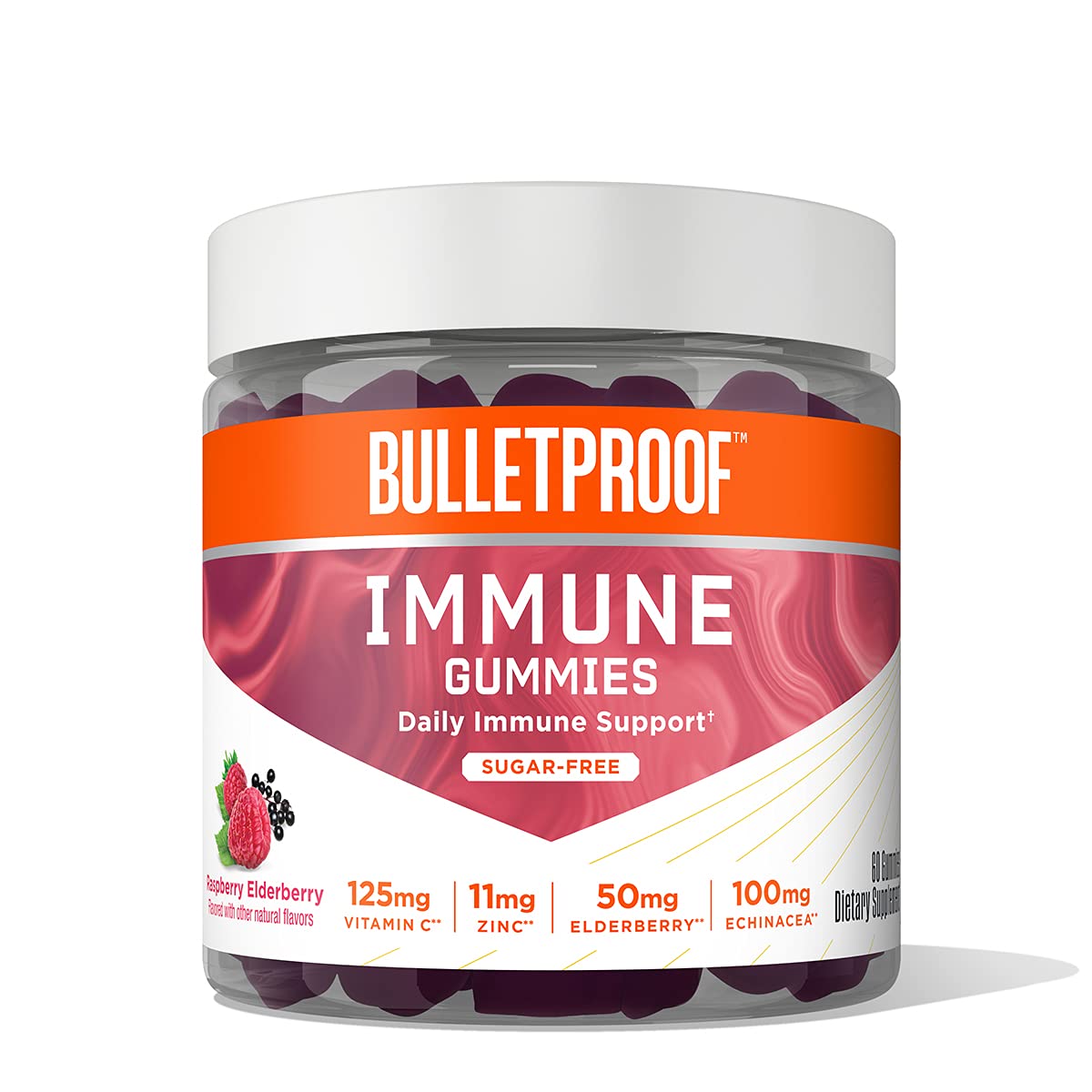 Bulletproof Sugar-Free Raspberry Elderberry Immune Gummies jar with a glossy label for daily immunity support.