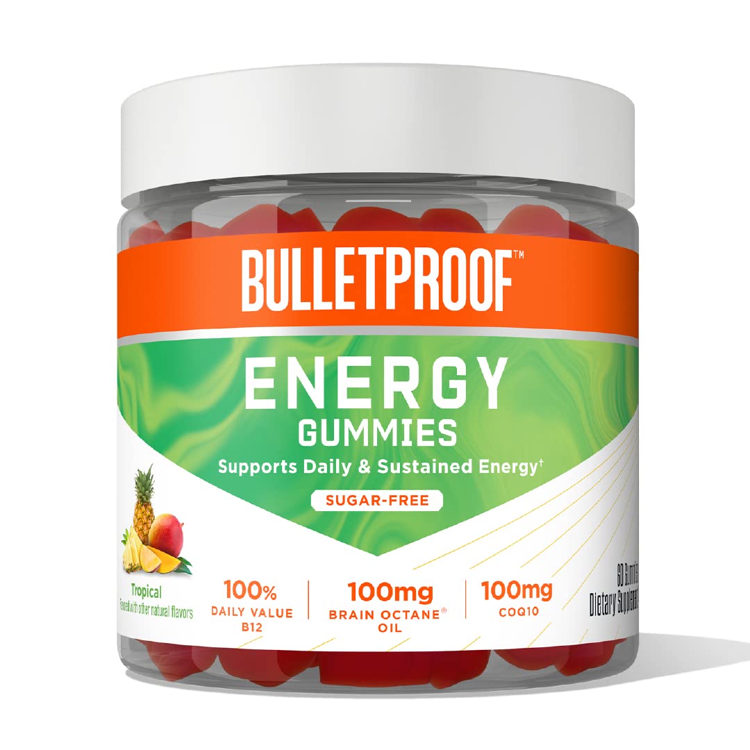 Bulletproof Sugar-Free Tropical Energy Gummies bottle on a clean counter for everyday energy support