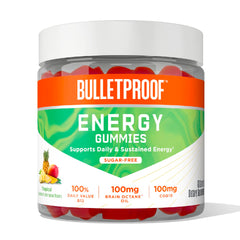 Bulletproof Sugar-Free Tropical Energy Gummies bottle on a clean counter for everyday energy support