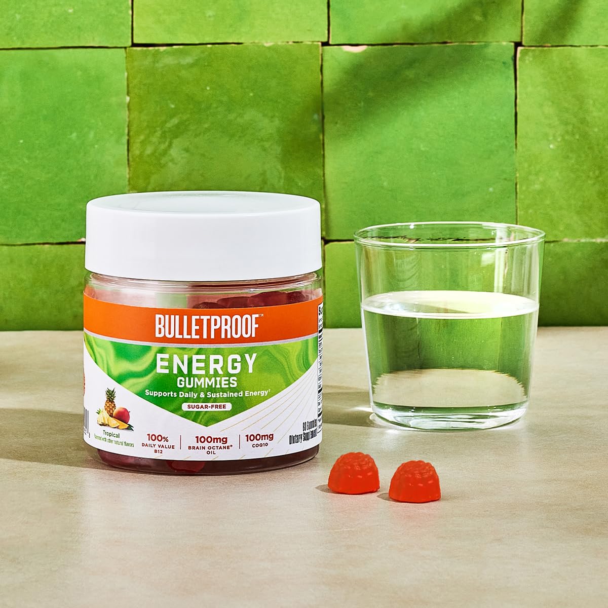 Gummies paired with Brain Octane Oil visuals suggest steady brain and body energy