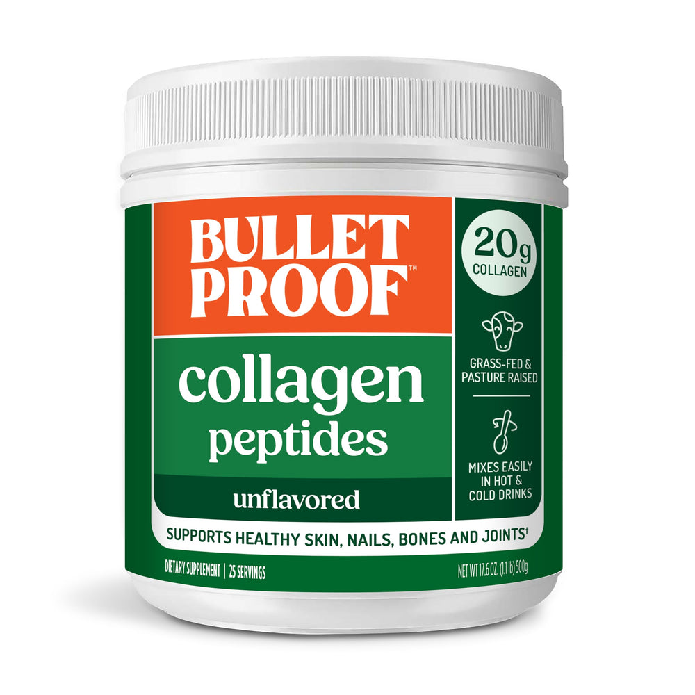 Bulletproof Collagen Peptides jar on counter ready for daily use, skin and joints support idea