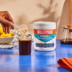 Glass with Bulletproof vanilla bean collagen shake ready to sip