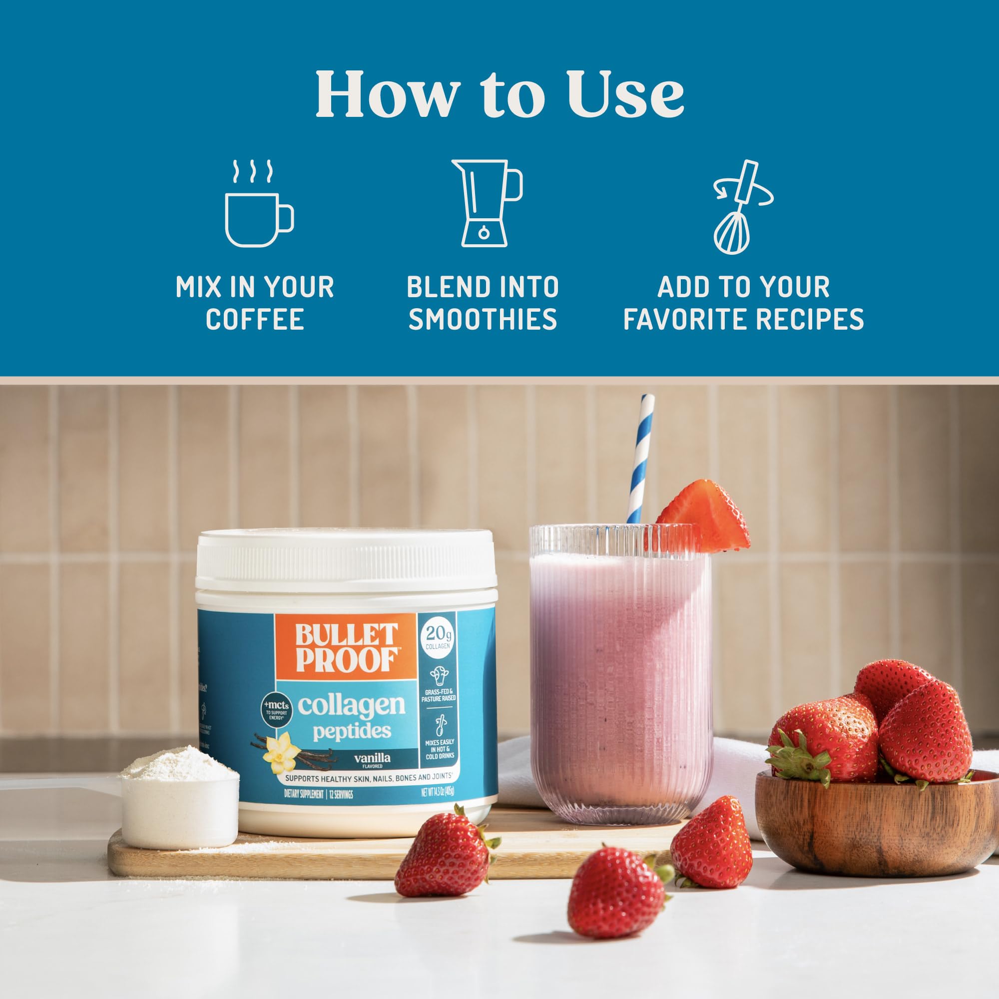 Packaging highlights collagen types I and III on Bulletproof label.
