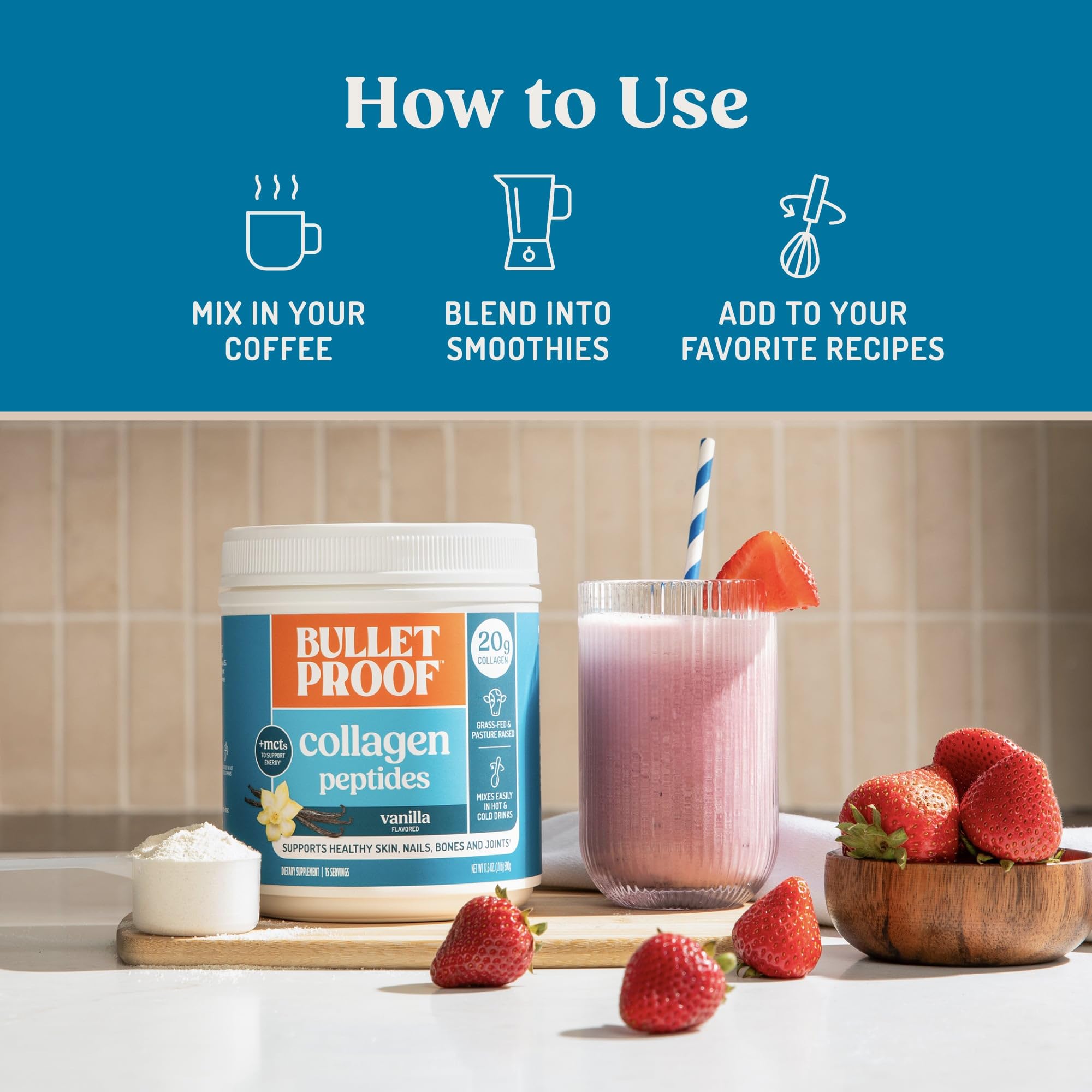 Grass-fed collagen types I and III for skin and joint support.
