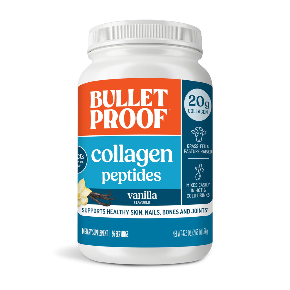Bulletproof vanilla collagen powder jar highlighting skin-supporting collagen peptides.