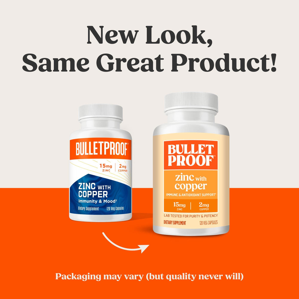 Bulletproof zinc-copper capsules being poured, highlighting easy daily supplementation for energy support.