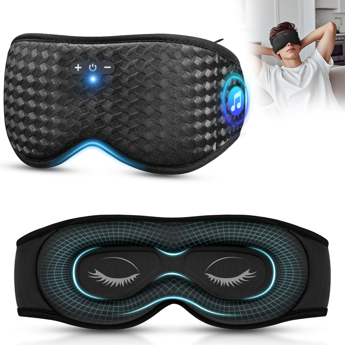 BULYPAZY sleep mask with headphones front view showing full coverage and comfort
