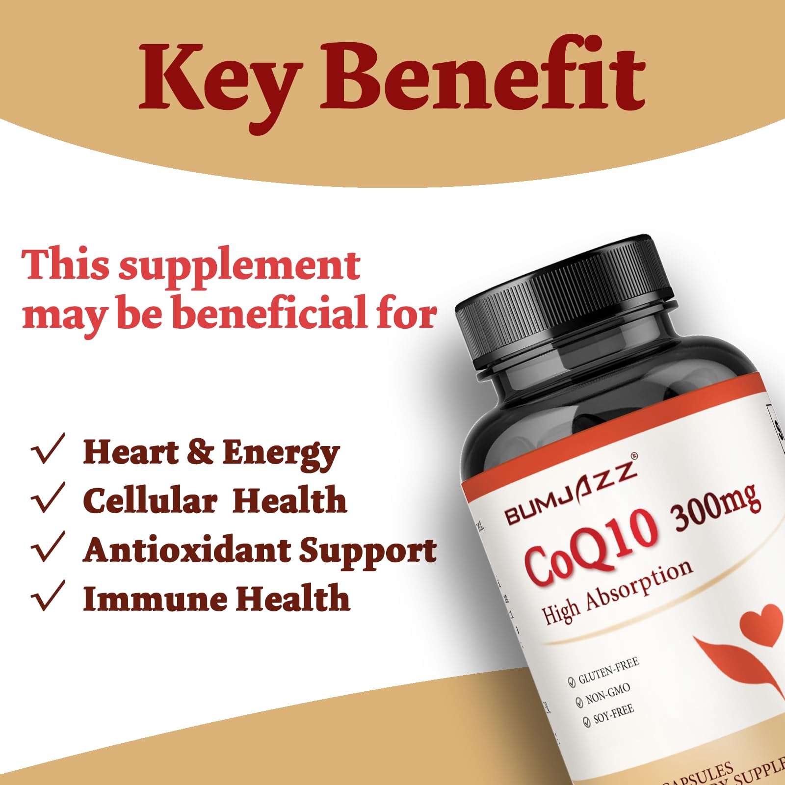 Bumjazz CoQ10 bottle pour shows serving size for steady energy throughout the day.