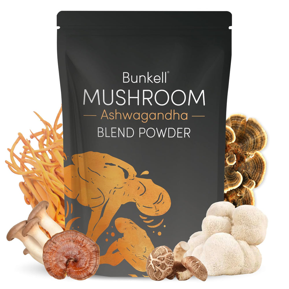 Bunkell Ashwagandha Mushroom Powder bottle — adaptogenic blend for energy and focus.