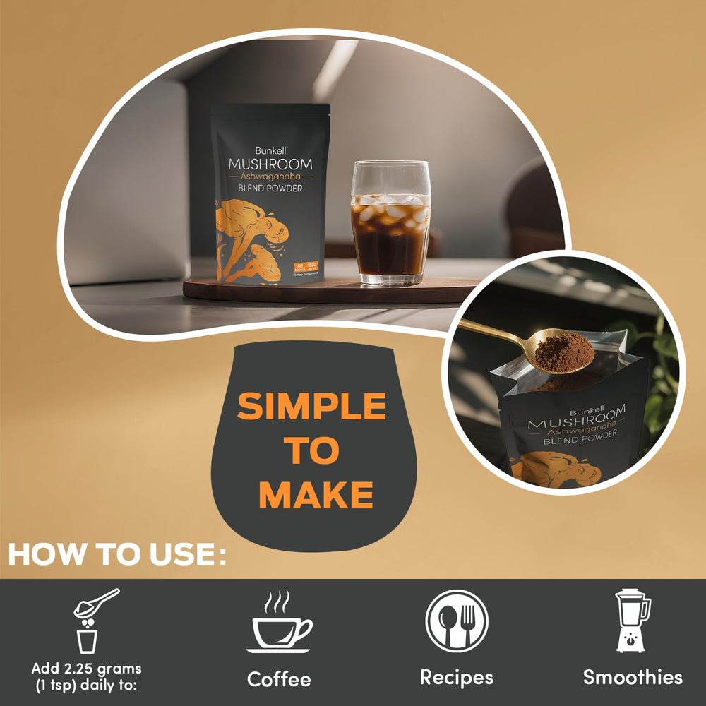 Bunkell Ashwagandha Mushroom Powder in coffee — seamless energy boost.