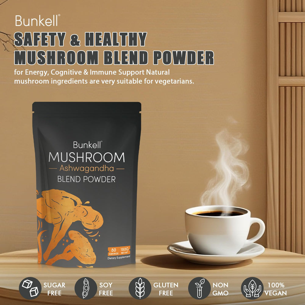Bunkell Ashwagandha Mushroom Powder pouch — pantry-friendly storage.