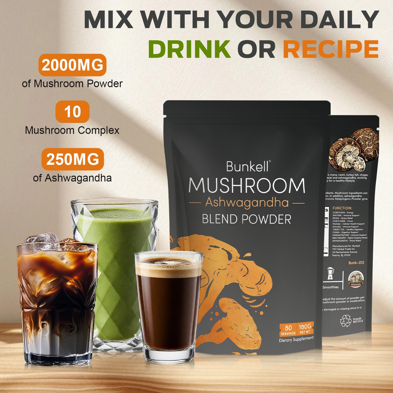 Bunkell Ashwagandha Mushroom Powder pour — earthy aroma in morning ritual.