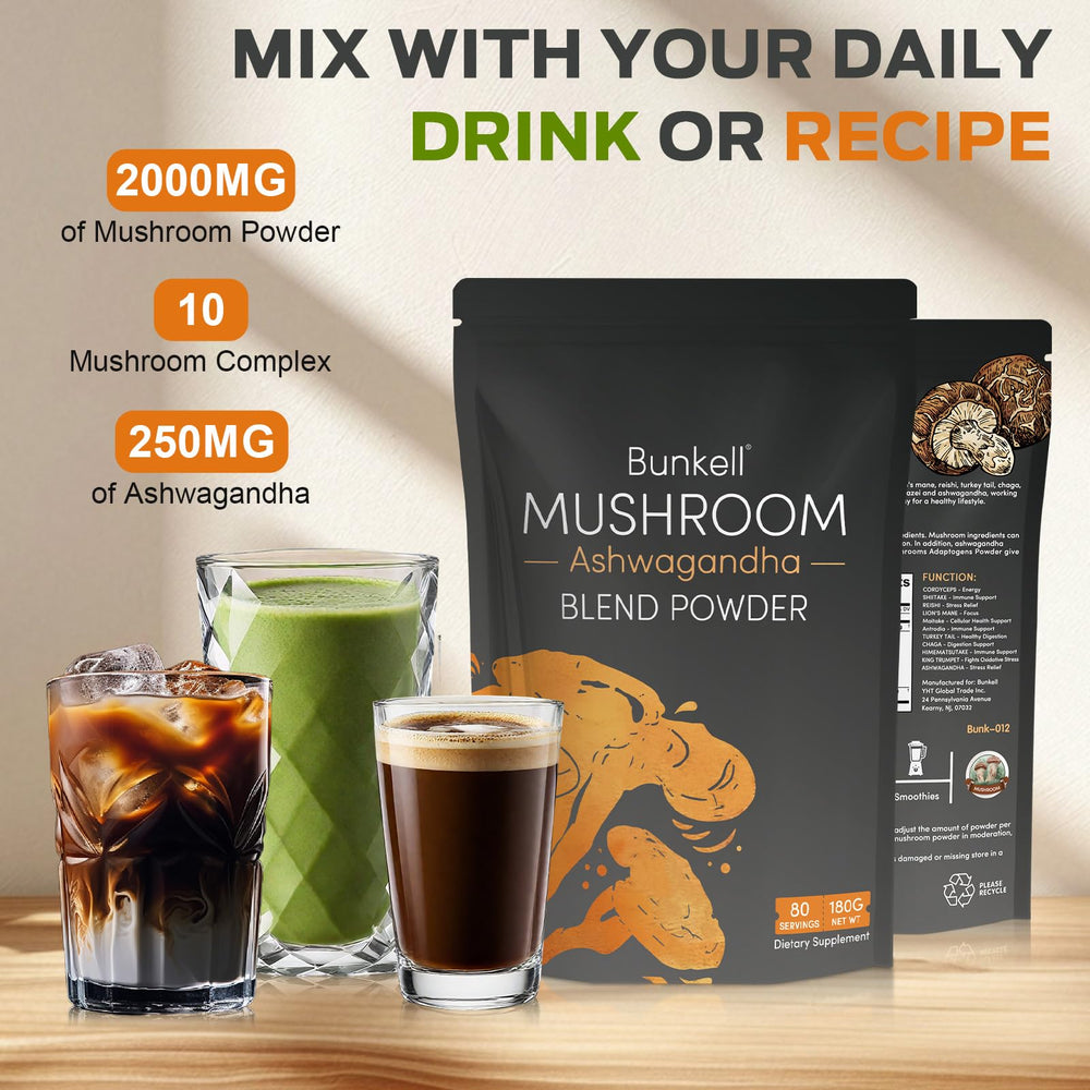 Bunkell Ashwagandha Mushroom Powder pour — earthy aroma in morning ritual.
