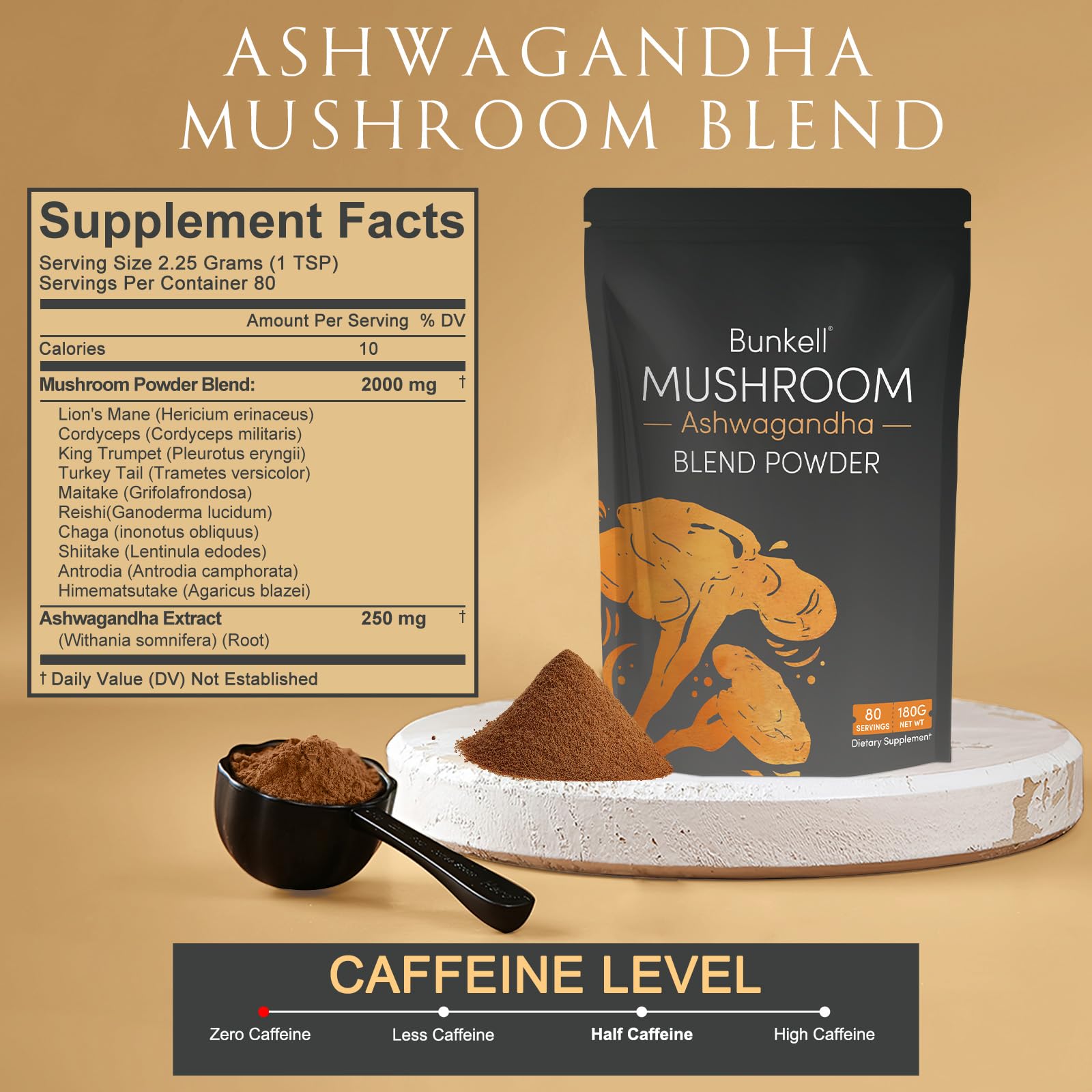 Bunkell Ashwagandha Mushroom Powder scoop — easy daily dosing for daily wellness integration.