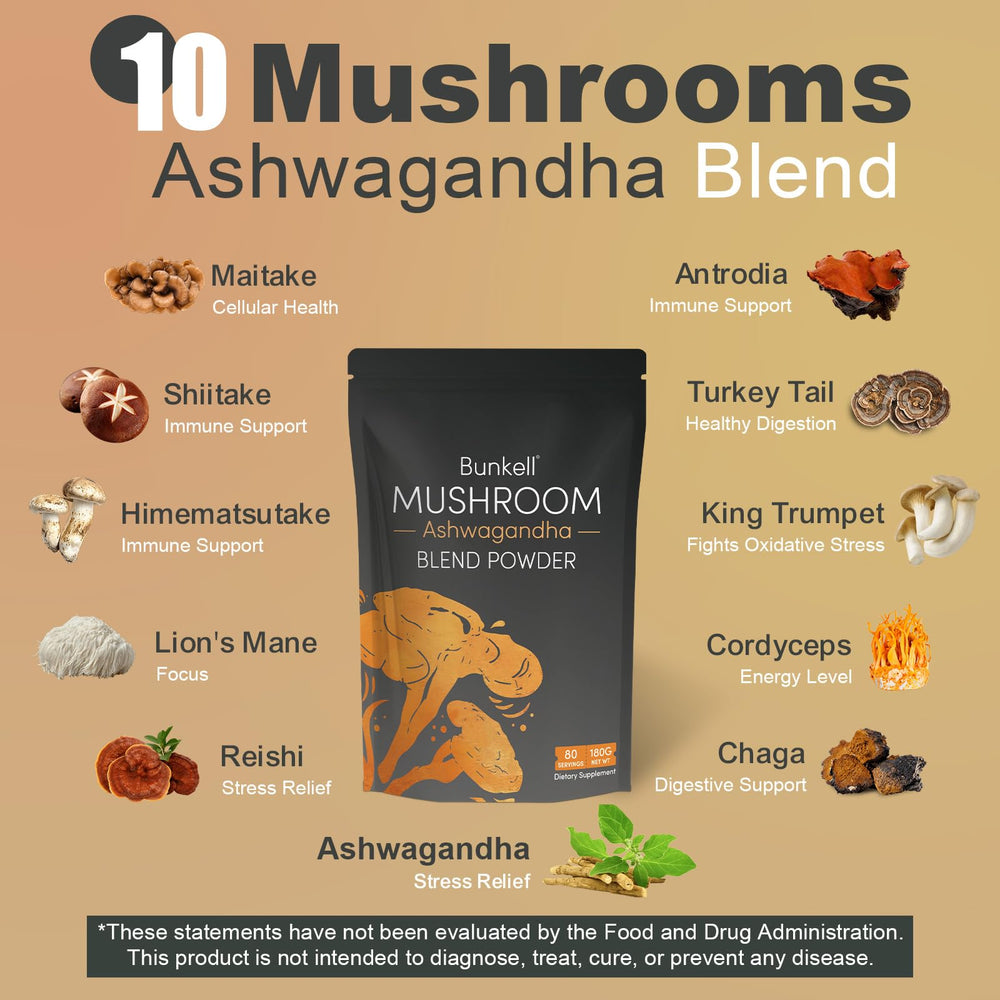 Bunkell Ashwagandha Mushroom Powder tea cup — convenient immune-support routine.