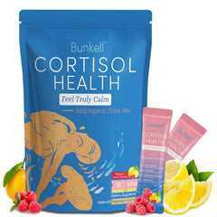 Bunkell cortisol powder bottle on the counter supports a daily calm routine.