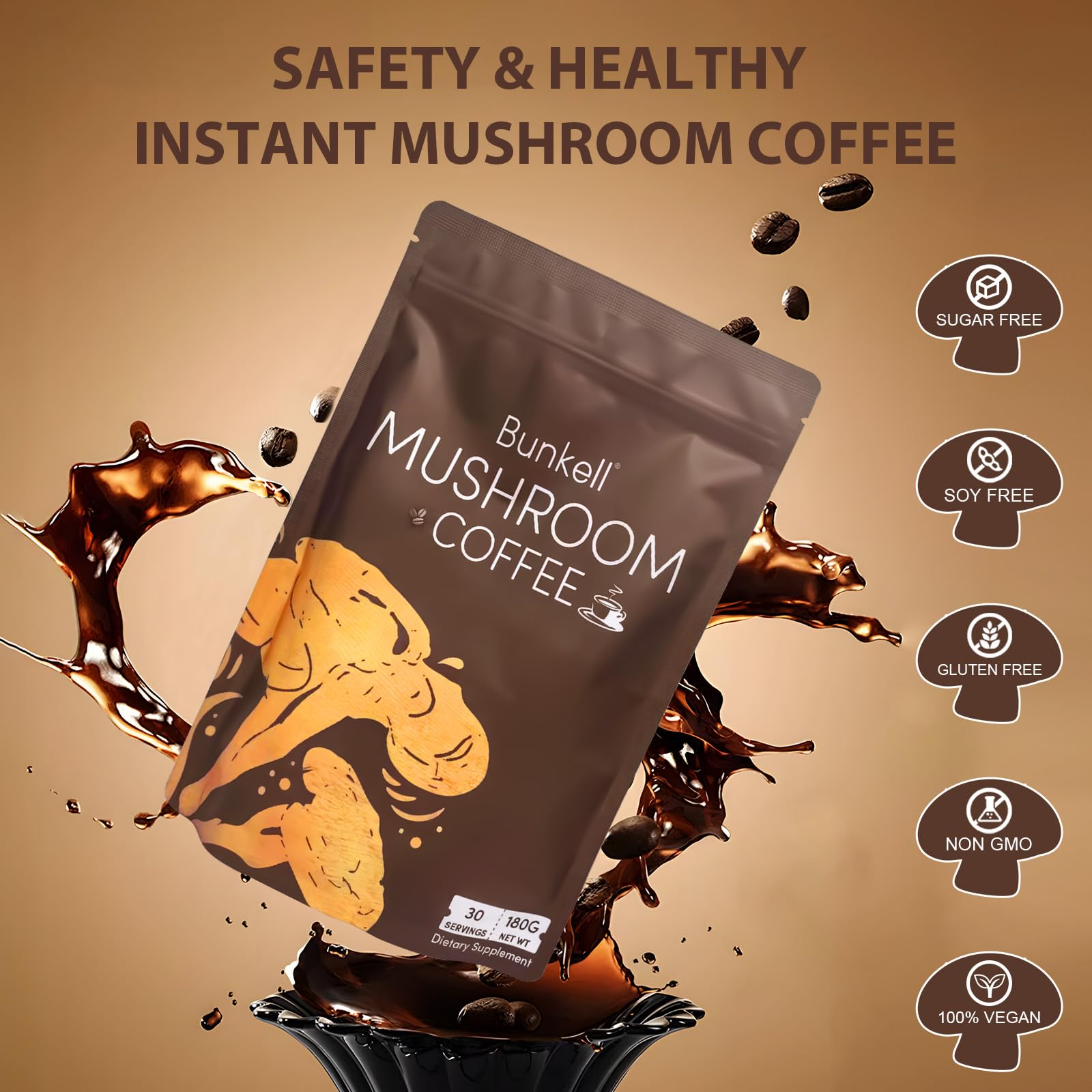 Bag of mushroom ingredients beside a prepared mug from Bunkell.
