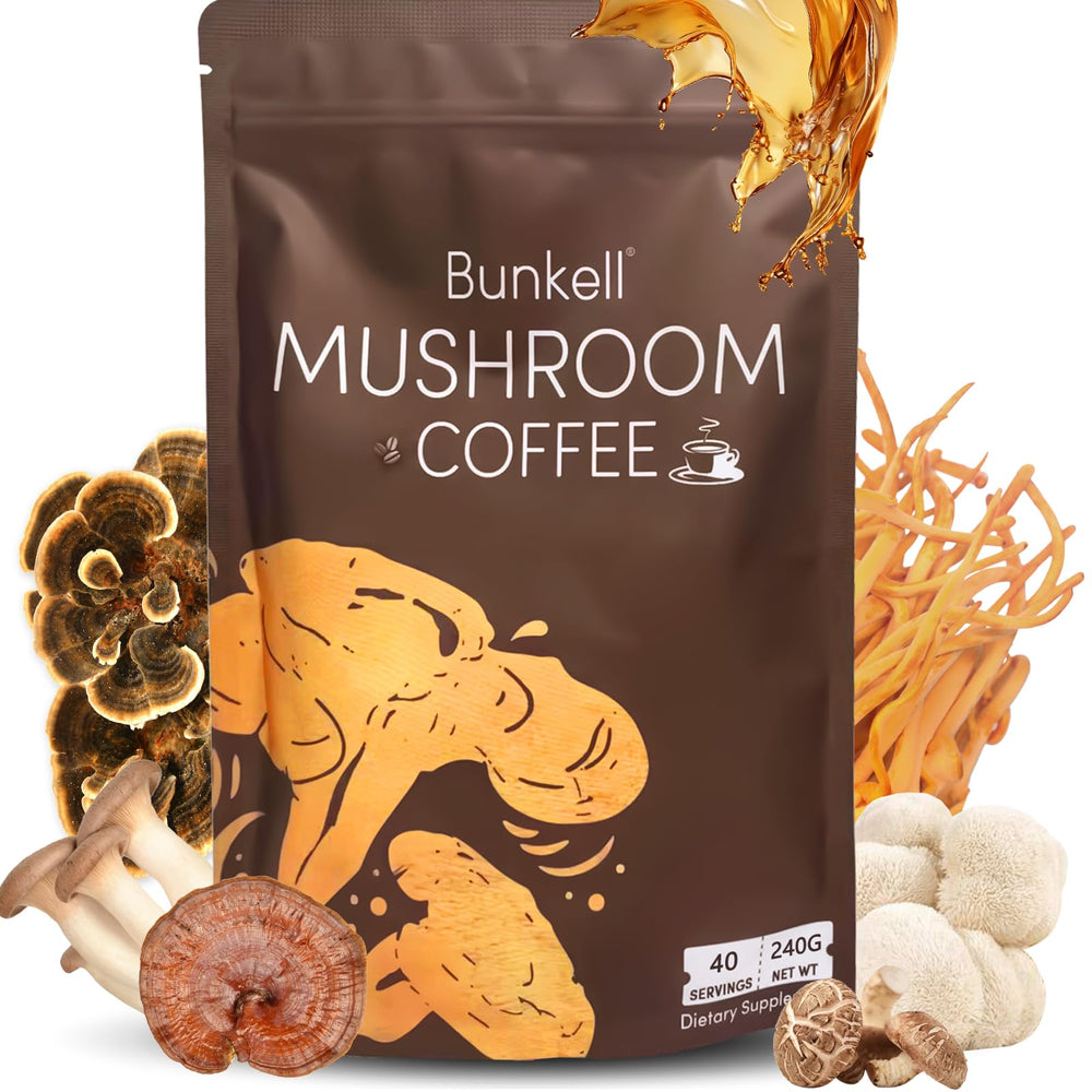 Bunkell Mushroom Coffee canister highlights six-mushroom blend for balanced energy