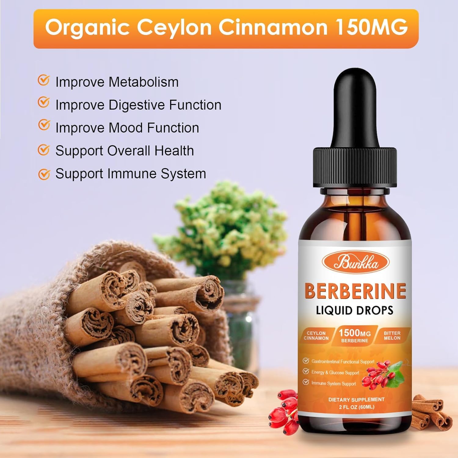 Bunkka Berberine Drops pineapple flavor close-up highlighting sugar-free taste