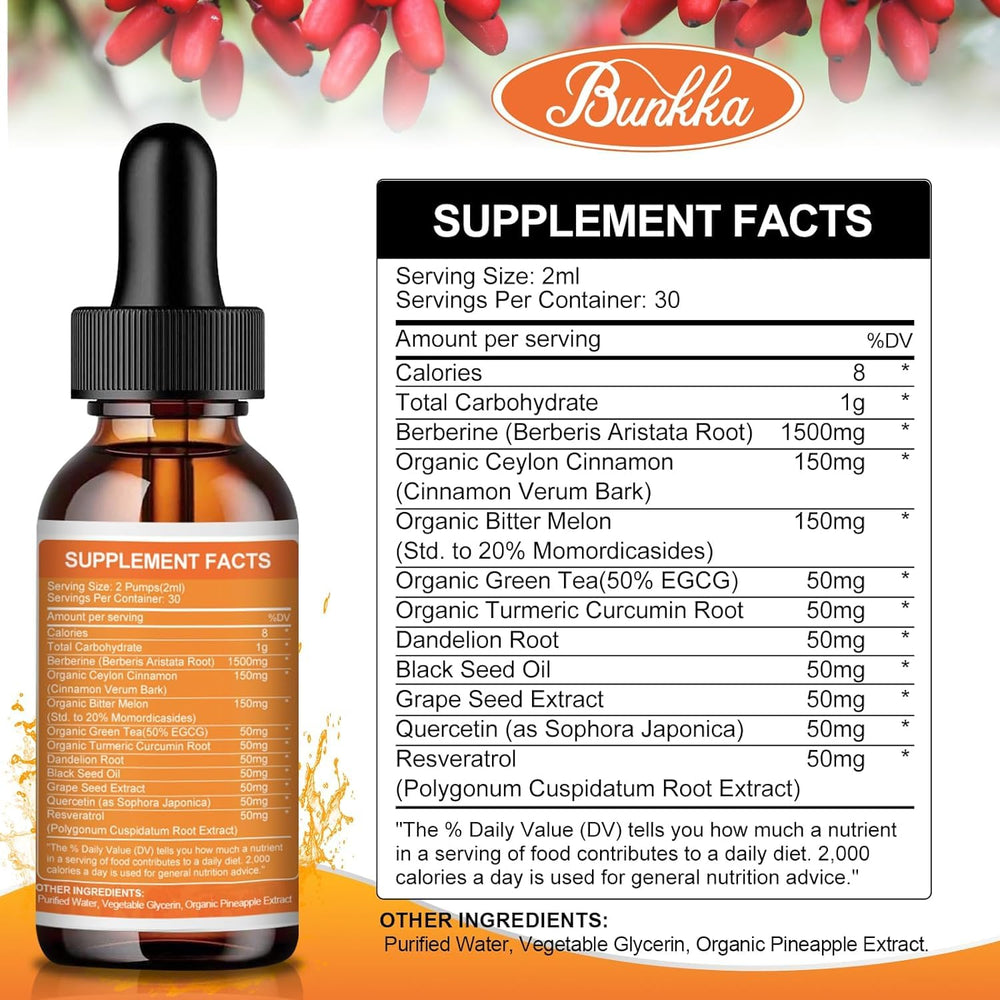 Bunkka Berberine Drops on kitchen shelf with glass