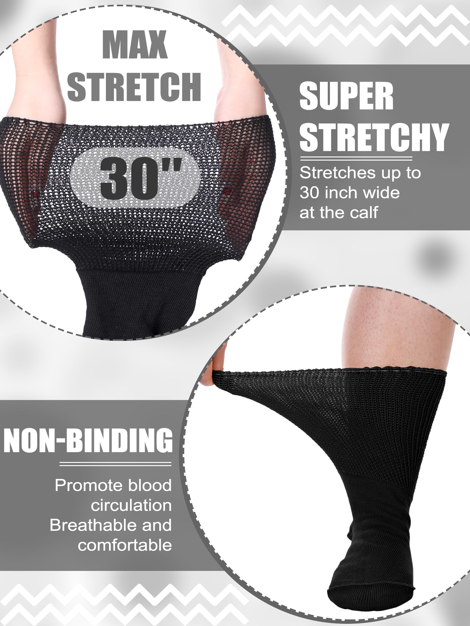 Bunnycool extra-wide socks top stretch demonstrates 30-inch opening for roomier calves