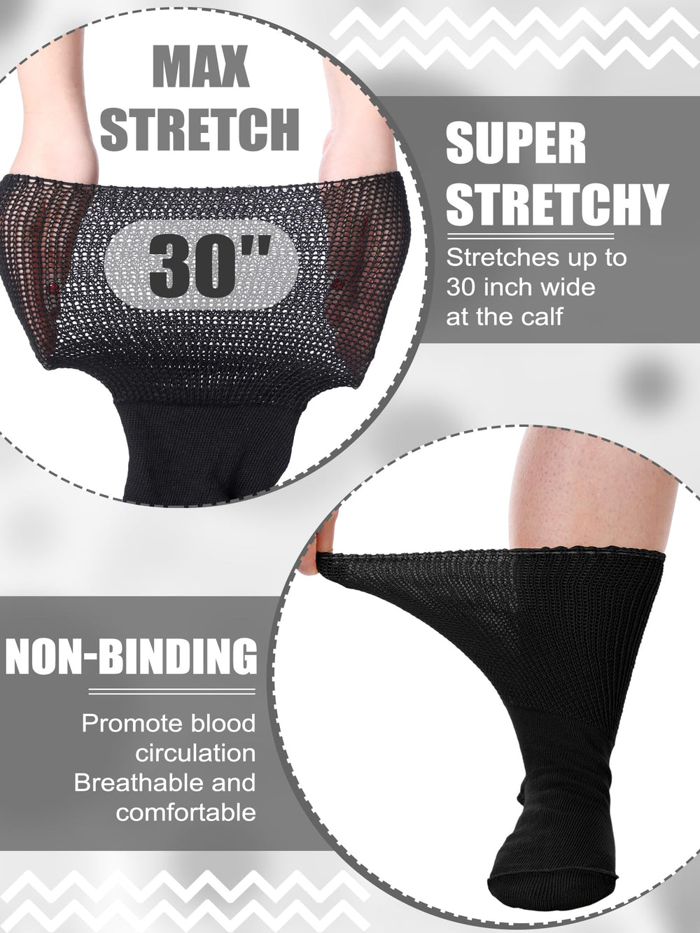 Bunnycool extra-wide socks top stretch demonstrates 30-inch opening for roomier calves
