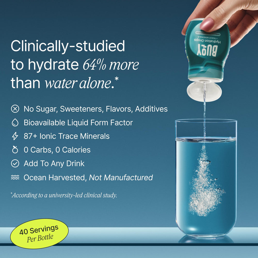 Buoy Electrolyte Drops pour ready to mix with water.