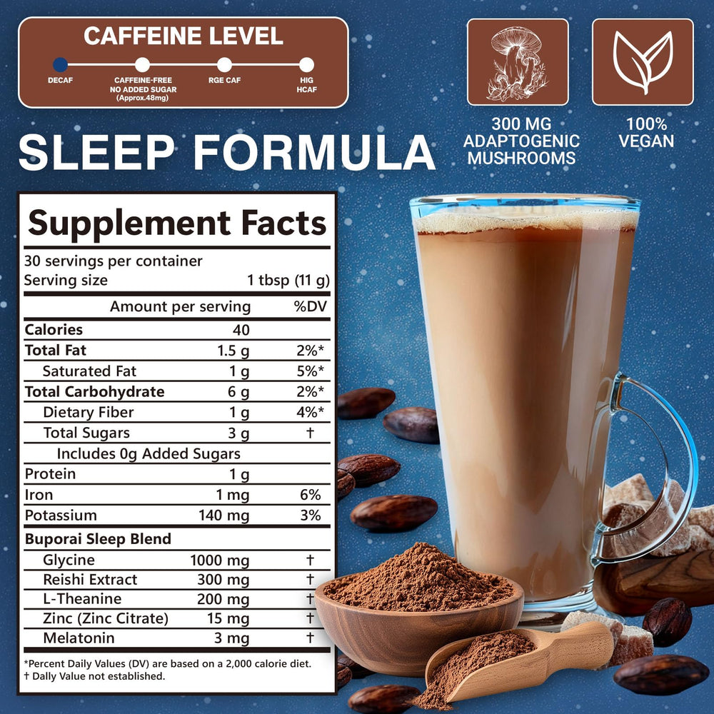 Close-up of Buporai Mushroom Hot Cocoa packet for convenient evening ritual