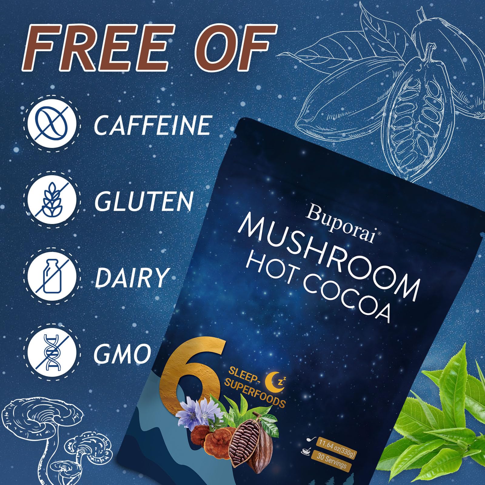 Ingredients montage of Buporai Mushroom Hot Cocoa including melatonin and L-Theanine