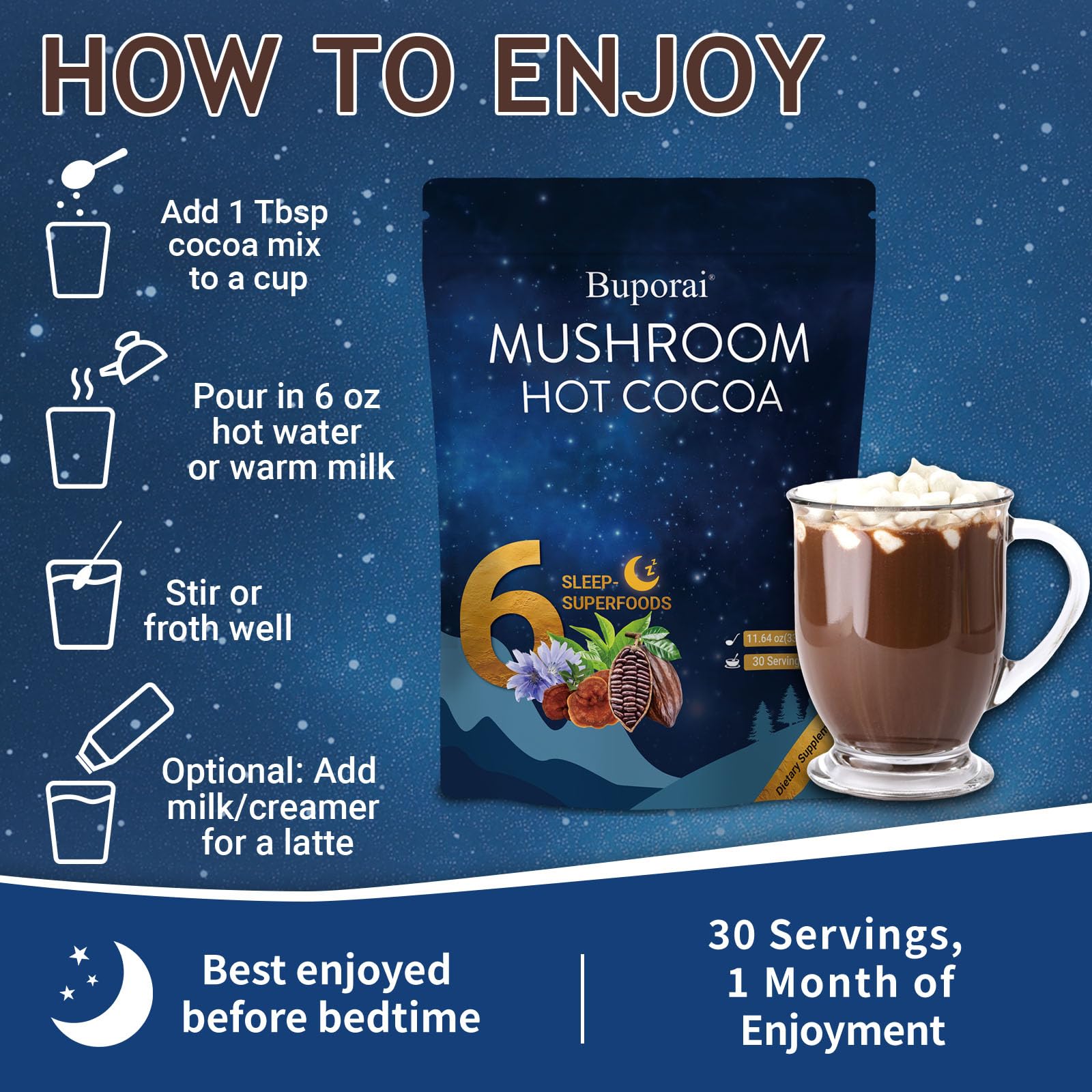 Nighttime routine setup featuring Buporai Mushroom Hot Cocoa
