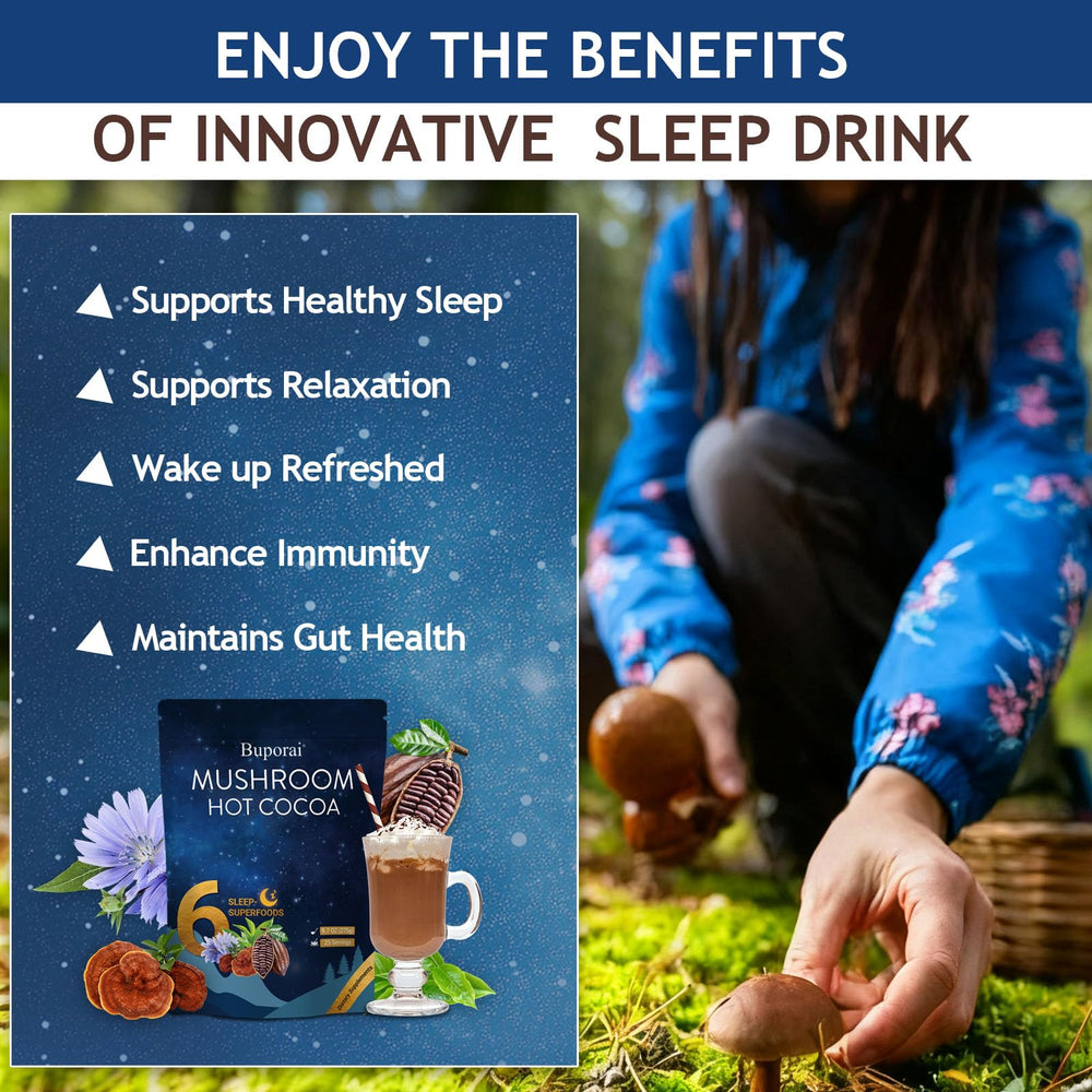 Scoop of Buporai Mushroom Hot Cocoa beside a mug for easy prep