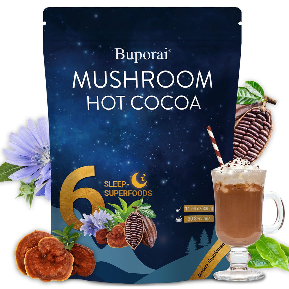 Buporai Mushroom Hot Cocoa in a steaming mug ready for a calm nighttime routine