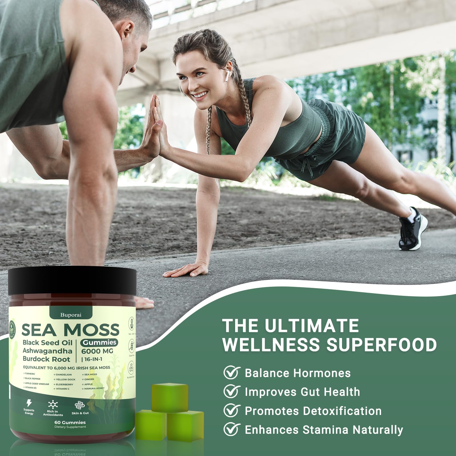 Bottle of Buporai Sea Moss Gummies highlights a 60 day supply