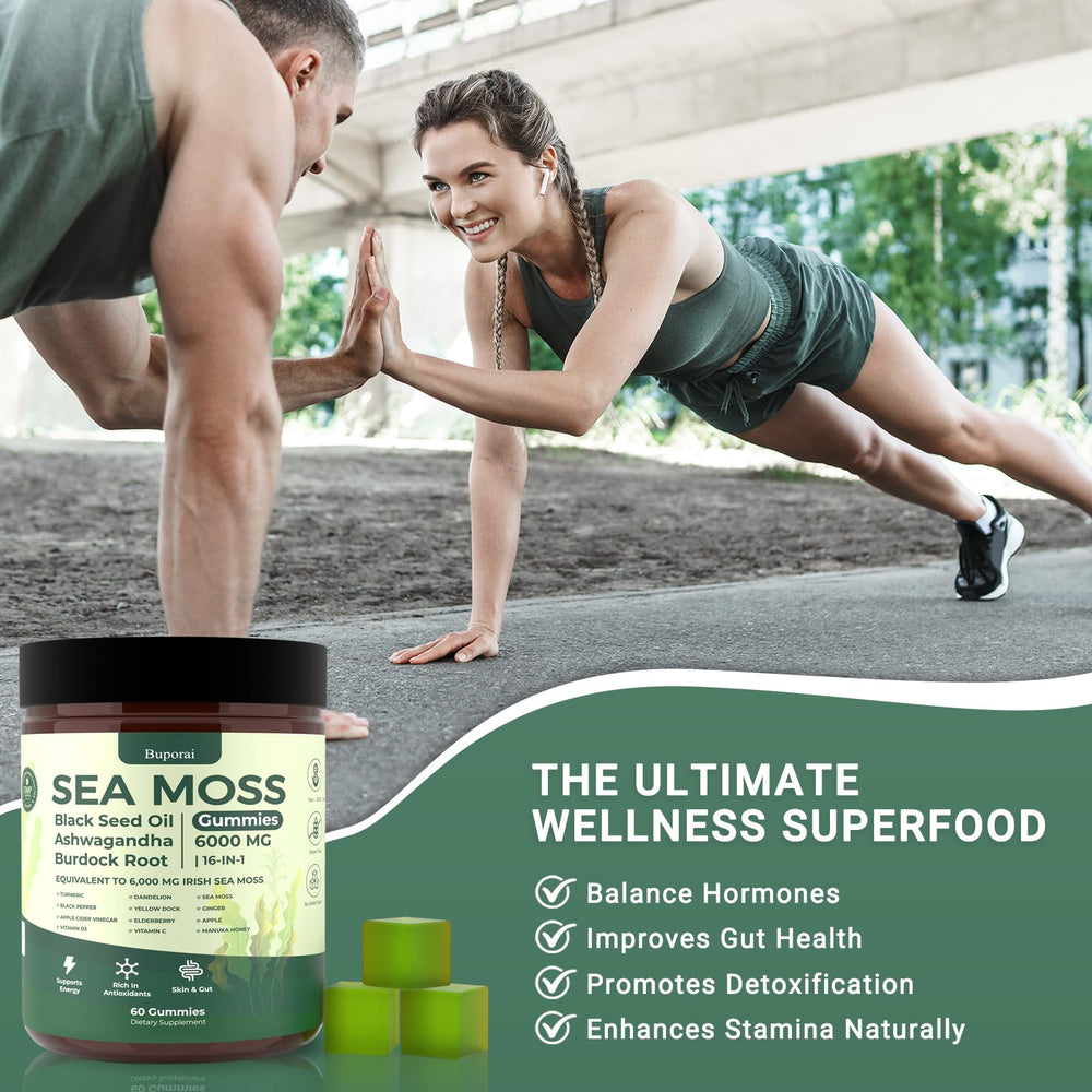 Bottle of Buporai Sea Moss Gummies highlights a 60 day supply